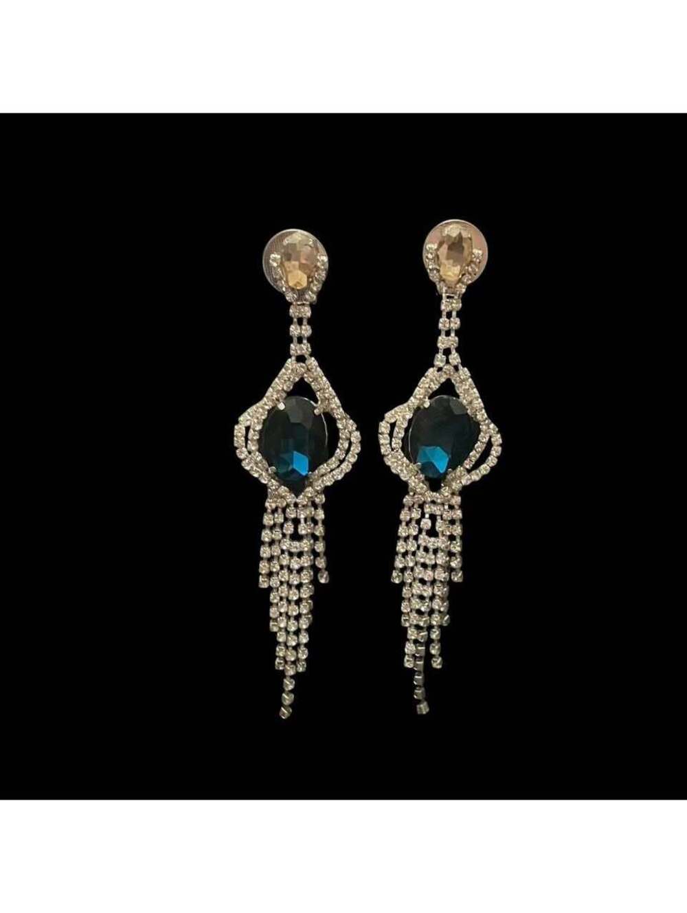 Blue Stone Rhinestone Dangle Clip On Earrings